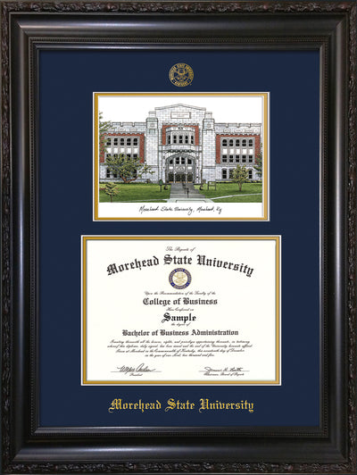 Image of Morehead State University Diploma Frame - Vintage Black Scoop - w/Embossed MSU Seal & Name - Watercolor - Navy on Gold mat