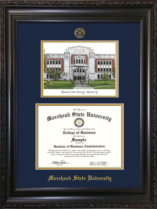 Image of Morehead State University Diploma Frame - Vintage Black Scoop - w/Embossed MSU Seal & Name - Watercolor - Navy on Gold mat