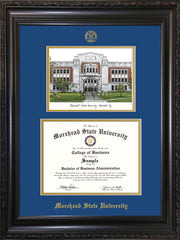 Image of Morehead State University Diploma Frame - Vintage Black Scoop - w/Embossed MSU Seal & Name - Watercolor - Royal Blue on Gold mat