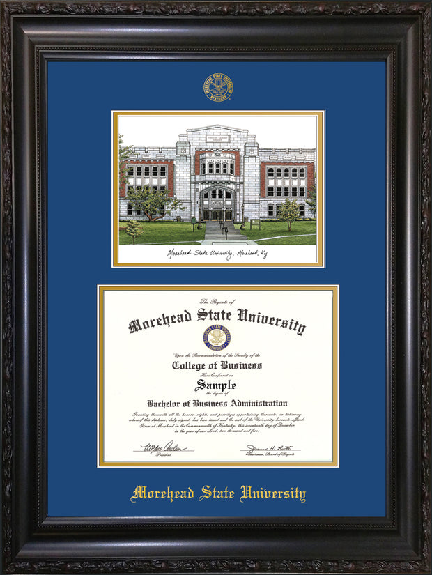 Image of Morehead State University Diploma Frame - Vintage Black Scoop - w/Embossed MSU Seal & Name - Watercolor - Royal Blue on Gold mat