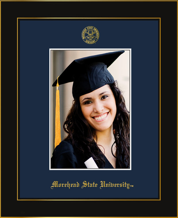 Image of Morehead State University 5 x 7 Photo Frame - Honors Black Satin - w/Official Embossing of MSU Seal & Name - Single Navy mat