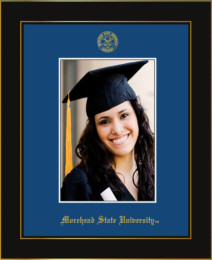 Image of Morehead State University 5 x 7 Photo Frame - Honors Black Satin - w/Official Embossing of MSU Seal & Name - Single Royal Blue mat
