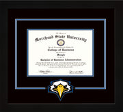 Image of Morehead State University Diploma Frame - Flat Matte Black - w/Laser MSU Logo Cutout - Black on Royal Blue mat