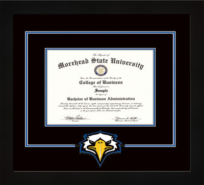 Image of Morehead State University Diploma Frame - Flat Matte Black - w/Laser MSU Logo Cutout - Black on Royal Blue mat