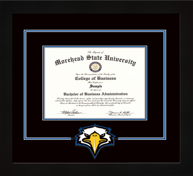 Image of Morehead State University Diploma Frame - Flat Matte Black - w/Laser MSU Logo Cutout - Black on Royal Blue mat
