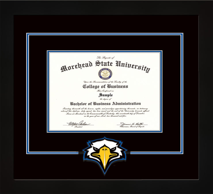 Image of Morehead State University Diploma Frame - Flat Matte Black - w/Laser MSU Logo Cutout - Black on Royal Blue mat