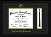 Image of Morehead State University Diploma Frame - Flat Matte Black - w/Embossed MSU Seal & Name - Tassel Holder - Black on Gold mat