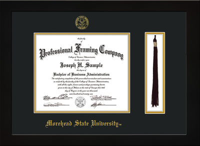 Image of Morehead State University Diploma Frame - Flat Matte Black - w/Embossed MSU Seal & Name - Tassel Holder - Black on Gold mat