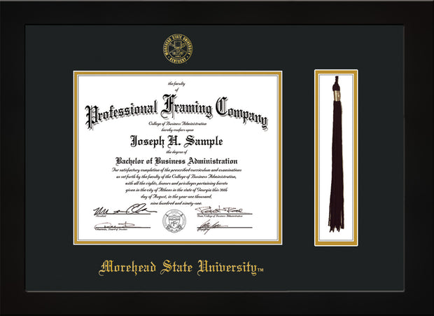Image of Morehead State University Diploma Frame - Flat Matte Black - w/Embossed MSU Seal & Name - Tassel Holder - Black on Gold mat