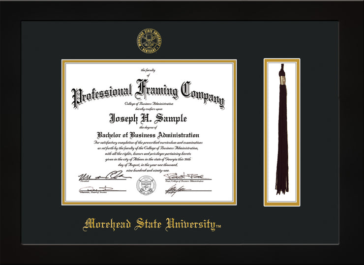 Image of Morehead State University Diploma Frame - Flat Matte Black - w/Embossed MSU Seal & Name - Tassel Holder - Black on Gold mat