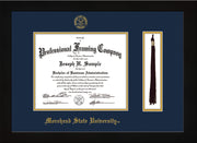 Image of Morehead State University Diploma Frame - Flat Matte Black - w/Embossed MSU Seal & Name - Tassel Holder - Navy on Gold mat