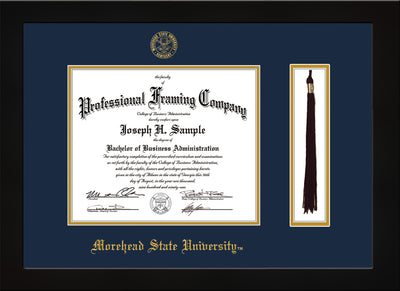 Image of Morehead State University Diploma Frame - Flat Matte Black - w/Embossed MSU Seal & Name - Tassel Holder - Navy on Gold mat