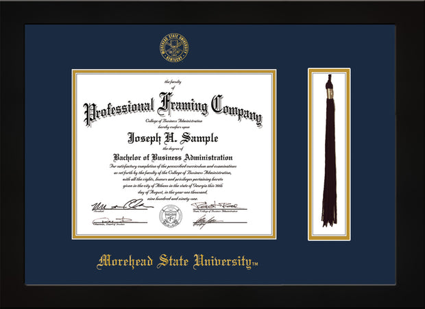 Image of Morehead State University Diploma Frame - Flat Matte Black - w/Embossed MSU Seal & Name - Tassel Holder - Navy on Gold mat