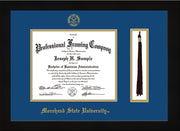 Image of Morehead State University Diploma Frame - Flat Matte Black - w/Embossed MSU Seal & Name - Tassel Holder - Royal Blue on Gold mat