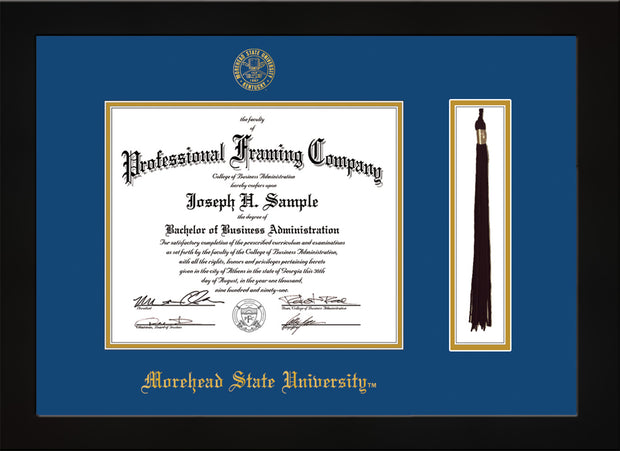 Image of Morehead State University Diploma Frame - Flat Matte Black - w/Embossed MSU Seal & Name - Tassel Holder - Royal Blue on Gold mat
