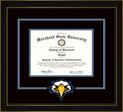 Image of Morehead State University Diploma Frame - Honors Black Satin - w/Laser MSU Logo Cutout - Black on Royal Blue mat