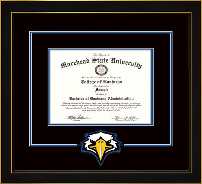 Image of Morehead State University Diploma Frame - Honors Black Satin - w/Laser MSU Logo Cutout - Black on Royal Blue mat
