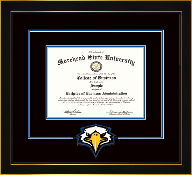 Image of Morehead State University Diploma Frame - Honors Black Satin - w/Laser MSU Logo Cutout - Black on Royal Blue mat