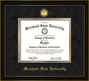Image of Morehead State University Diploma Frame - Honors Black Satin - w/24k Gold Plated Medallion MSU Name Embossing - Black Suede on Gold Mat