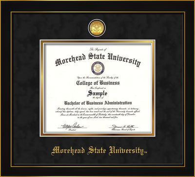 Image of Morehead State University Diploma Frame - Honors Black Satin - w/24k Gold Plated Medallion MSU Name Embossing - Black Suede on Gold Mat
