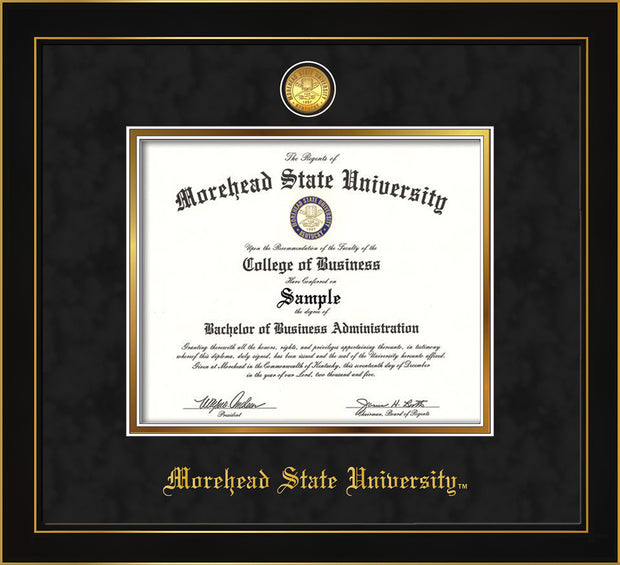 Image of Morehead State University Diploma Frame - Honors Black Satin - w/24k Gold Plated Medallion MSU Name Embossing - Black Suede on Gold Mat