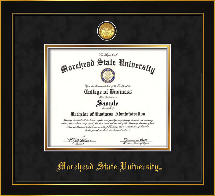 Image of Morehead State University Diploma Frame - Honors Black Satin - w/24k Gold Plated Medallion MSU Name Embossing - Black Suede on Gold Mat