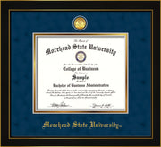 Image of Morehead State University Diploma Frame - Honors Black Satin - w/24k Gold Plated Medallion MSU Name Embossing - Navy Suede on Gold Mat