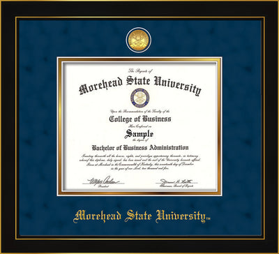 Image of Morehead State University Diploma Frame - Honors Black Satin - w/24k Gold Plated Medallion MSU Name Embossing - Navy Suede on Gold Mat