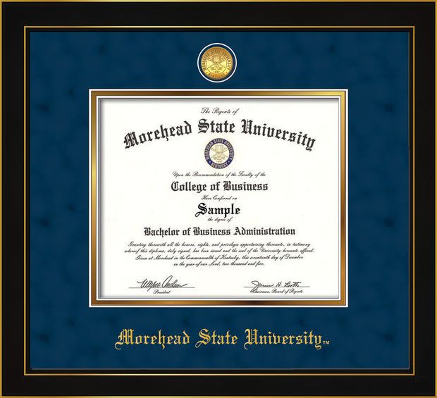 Image of Morehead State University Diploma Frame - Honors Black Satin - w/24k Gold Plated Medallion MSU Name Embossing - Navy Suede on Gold Mat