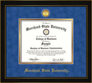 Image of Morehead State University Diploma Frame - Honors Black Satin - w/24k Gold Plated Medallion MSU Name Embossing - Royal Blue Suede on Gold Mat