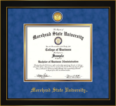 Image of Morehead State University Diploma Frame - Honors Black Satin - w/24k Gold Plated Medallion MSU Name Embossing - Royal Blue Suede on Gold Mat