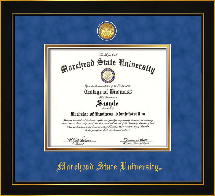 Image of Morehead State University Diploma Frame - Honors Black Satin - w/24k Gold Plated Medallion MSU Name Embossing - Royal Blue Suede on Gold Mat