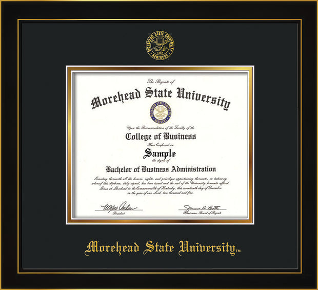 Image of Morehead State University Diploma Frame - Honors Black Satin - w/Embossed MSU Seal & Name - Black on Gold mat