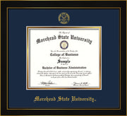 Image of Morehead State University Diploma Frame - Honors Black Satin - w/Embossed MSU Seal & Name - Navy on Gold mat