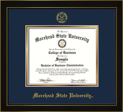Image of Morehead State University Diploma Frame - Honors Black Satin - w/Embossed MSU Seal & Name - Navy on Gold mat