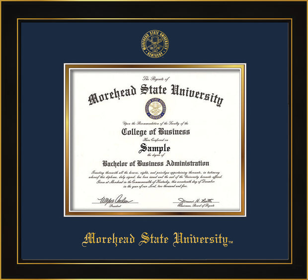 Image of Morehead State University Diploma Frame - Honors Black Satin - w/Embossed MSU Seal & Name - Navy on Gold mat