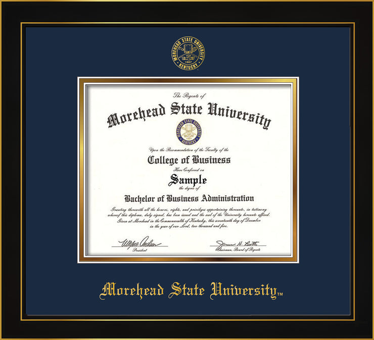 Image of Morehead State University Diploma Frame - Honors Black Satin - w/Embossed MSU Seal & Name - Navy on Gold mat