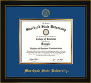 Image of Morehead State University Diploma Frame - Honors Black Satin - w/Embossed MSU Seal & Name - Royal Blue on Gold mat