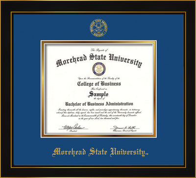 Image of Morehead State University Diploma Frame - Honors Black Satin - w/Embossed MSU Seal & Name - Royal Blue on Gold mat