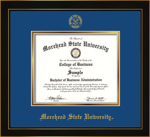 Image of Morehead State University Diploma Frame - Honors Black Satin - w/Embossed MSU Seal & Name - Royal Blue on Gold mat