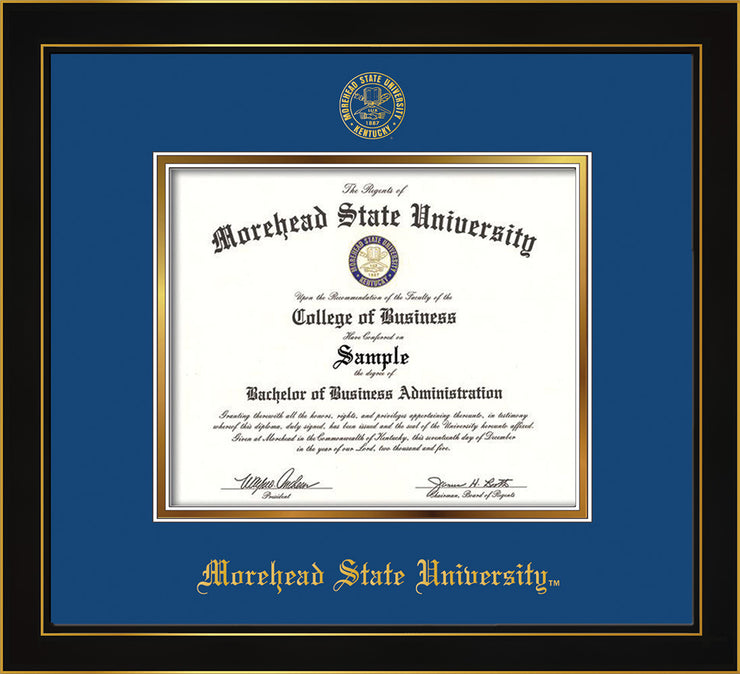 Image of Morehead State University Diploma Frame - Honors Black Satin - w/Embossed MSU Seal & Name - Royal Blue on Gold mat