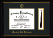 Image of Morehead State University Diploma Frame - Honors Black Satin - w/Embossed MSU Seal & Name - Tassel Holder - Black on Gold mat