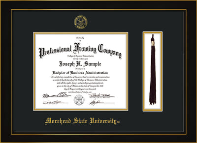 Image of Morehead State University Diploma Frame - Honors Black Satin - w/Embossed MSU Seal & Name - Tassel Holder - Black on Gold mat