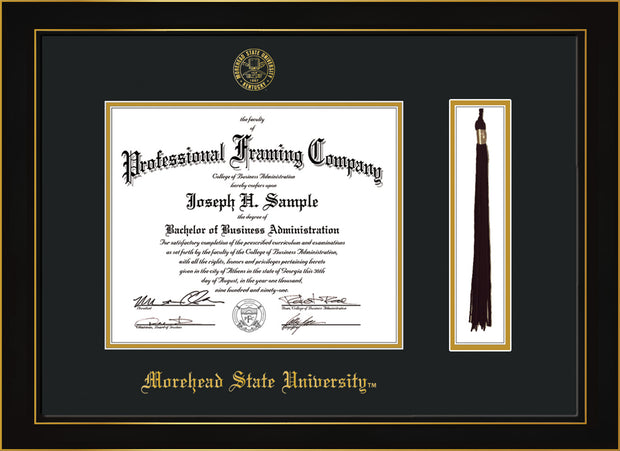 Image of Morehead State University Diploma Frame - Honors Black Satin - w/Embossed MSU Seal & Name - Tassel Holder - Black on Gold mat