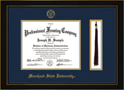Image of Morehead State University Diploma Frame - Honors Black Satin - w/Embossed MSU Seal & Name - Tassel Holder - Navy on Gold mat