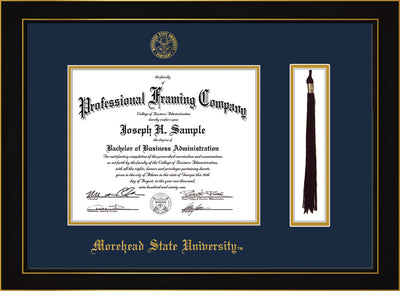 Image of Morehead State University Diploma Frame - Honors Black Satin - w/Embossed MSU Seal & Name - Tassel Holder - Navy on Gold mat