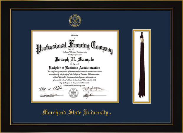 Image of Morehead State University Diploma Frame - Honors Black Satin - w/Embossed MSU Seal & Name - Tassel Holder - Navy on Gold mat