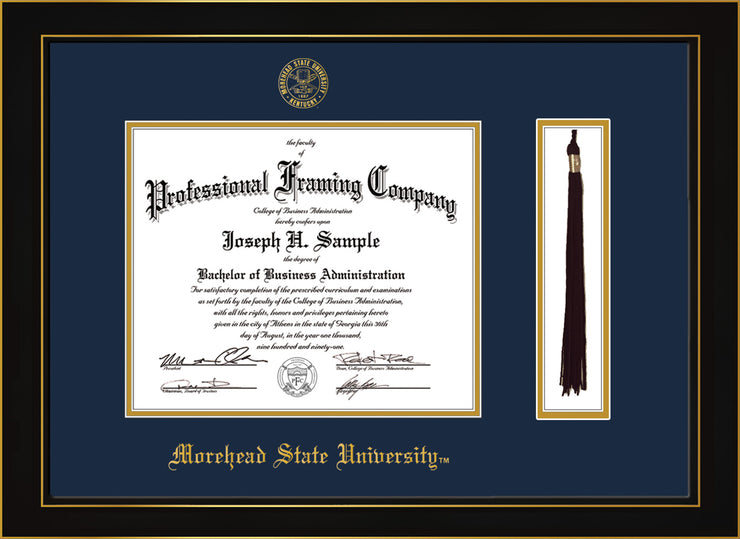 Image of Morehead State University Diploma Frame - Honors Black Satin - w/Embossed MSU Seal & Name - Tassel Holder - Navy on Gold mat