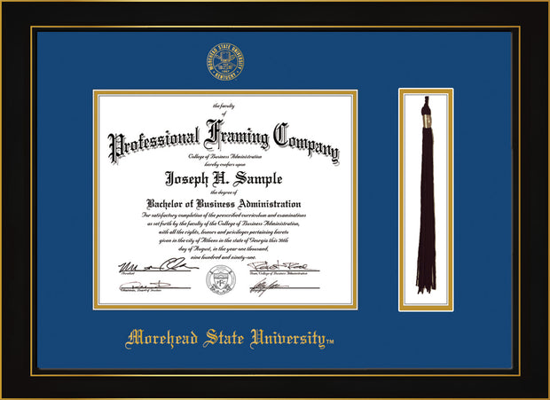 Image of Morehead State University Diploma Frame - Honors Black Satin - w/Embossed MSU Seal & Name - Tassel Holder - Royal Blue on Gold mat