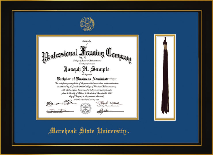 Image of Morehead State University Diploma Frame - Honors Black Satin - w/Embossed MSU Seal & Name - Tassel Holder - Royal Blue on Gold mat